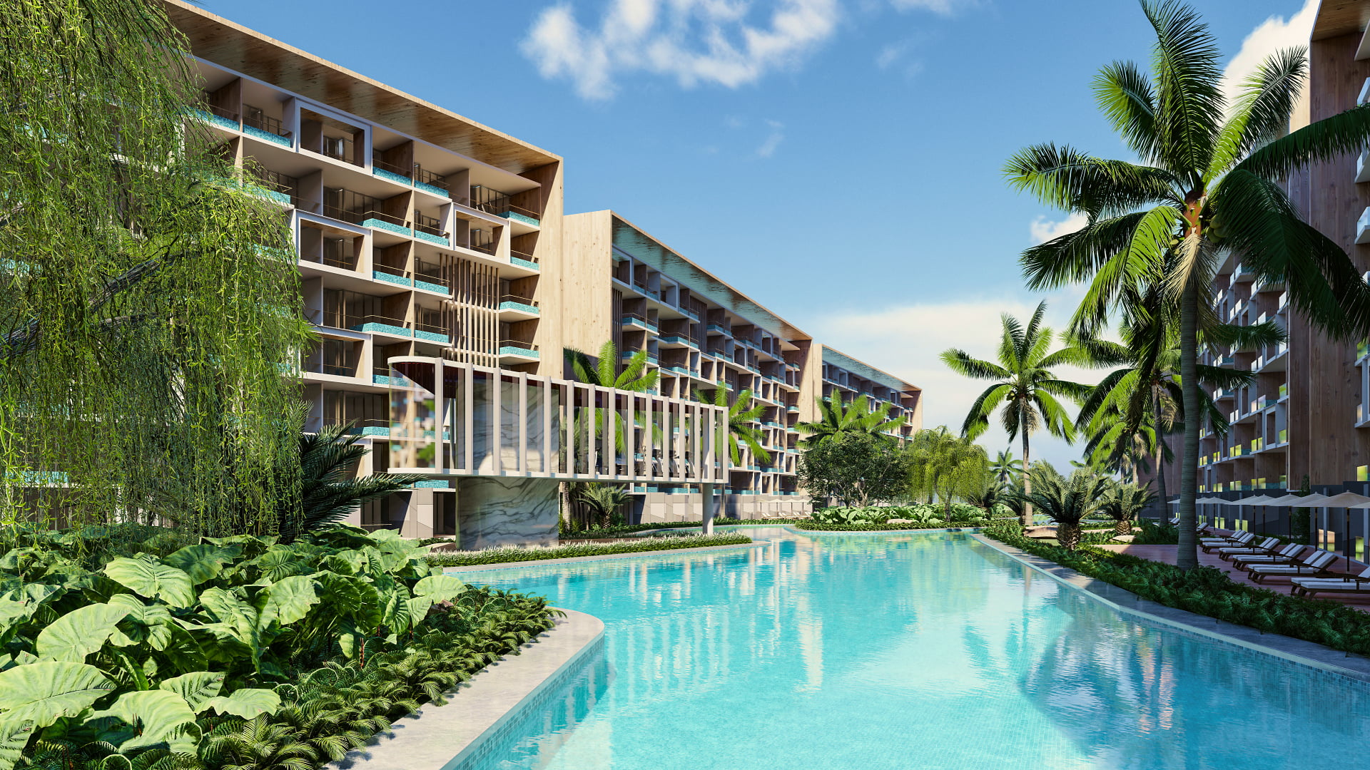 3d condominium swimming pool trees