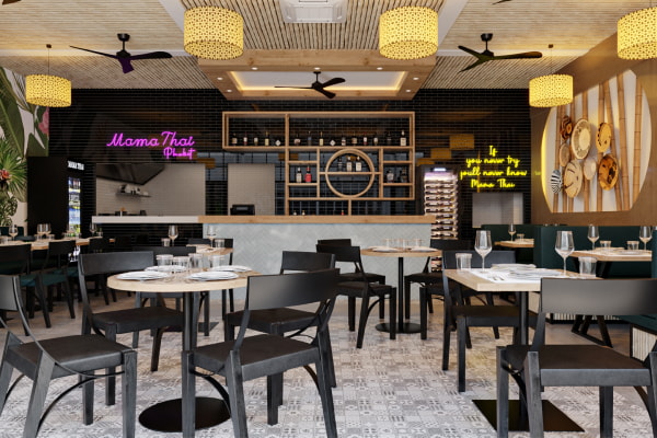 3d restaraunt design tables lamps